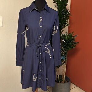 Blue and White Buttoned Tie Front Long Sleeve Dress